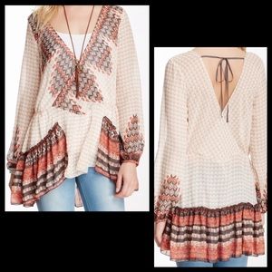 Free People Western Aztec Ruffle Peasant Blouse
